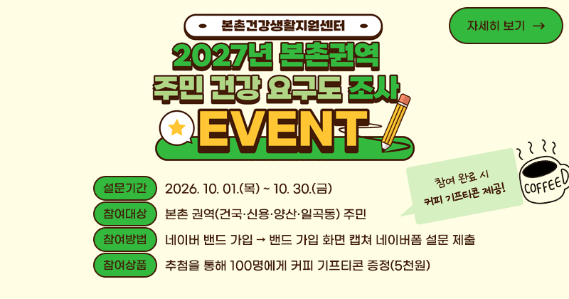 2027년 본촌권역 주민 건강 요구도 조사
EVENT
- 설문기간 : 2026. 10. 01.(목) ~ 10. 30.(금)
- 참여대상 : 본촌 권역(건국·신용·양산·일곡동) 주민
- 참여방법 : 네이버 밴드 가입 → 밴드 가입 화면 캡쳐 네이버폼 설문 제출
- 참여상품 : 추첨을 통해 100명에게 커피 기프티콘 증정(5천원) 
자세히보기